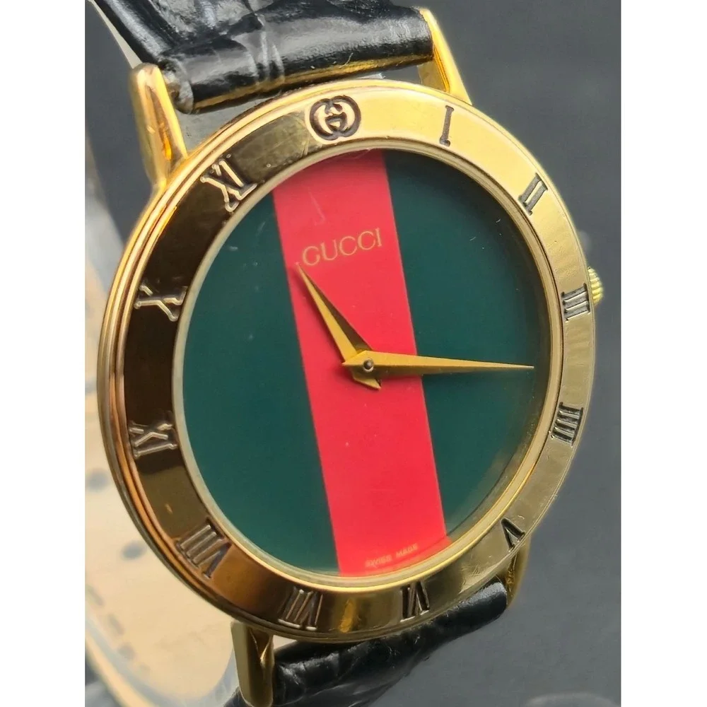 Vintage 3000.2.M Gucci Watch Gold Plated Green Red Sherry Line‎ Dial Roman Bezel